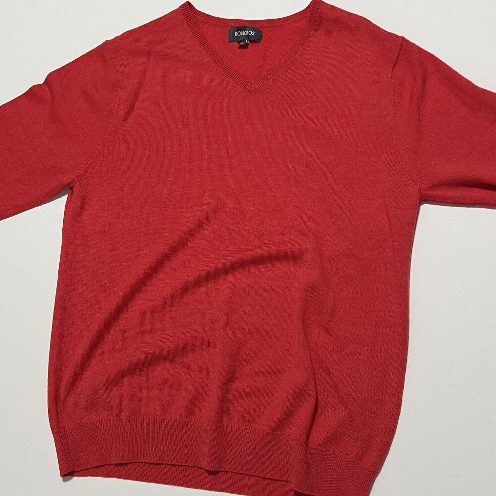Bonobos V-Neck Sweater Extra Fine Merino Wool Light Red Pink Men's size Large